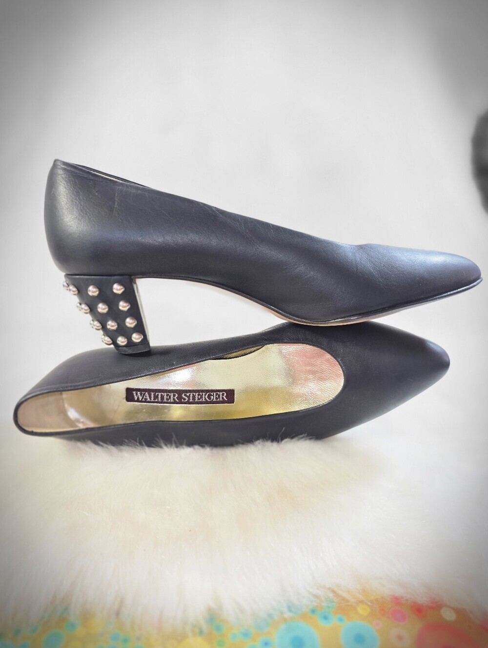 Walter Steiger Vintage Black Leather Studded Block Heel Pumps